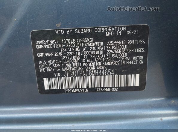 JF2GTHNC8MH346541 2021 SUBARU CROSSTREK Blue Widok komory silnika