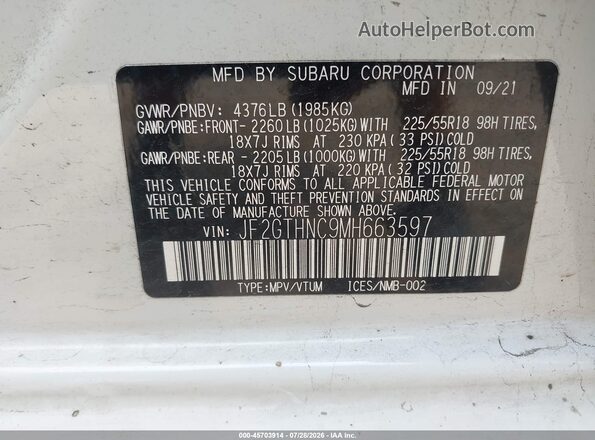 JF2GTHNC9MH663597 2021 SUBARU CROSSTREK White Widok komory silnika