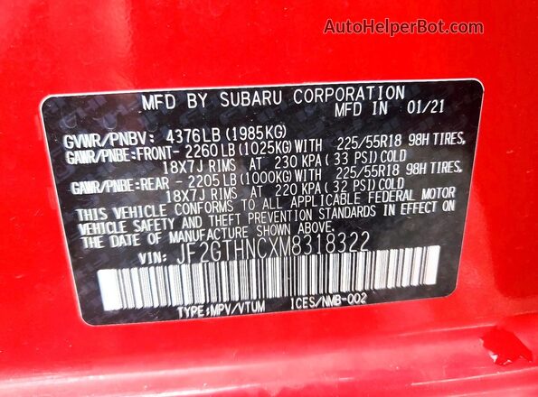 JF2GTHNCXM8318322 2021 SUBARU CROSSTREK Red Vista de la etiqueta del VIN