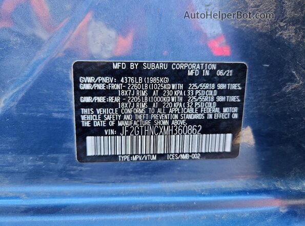 JF2GTHNCXMH360862 2021 SUBARU CROSSTREK Blue Widok wnętrza 360 stopni