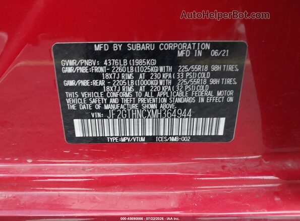 JF2GTHNCXMH364944 2021 SUBARU CROSSTREK Red ძრავის განყოფილების ხედი