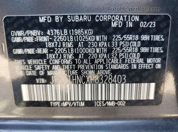 JF2GTHNCXP8328403 2023 SUBARU CROSSTREK Gray VIN sticker view