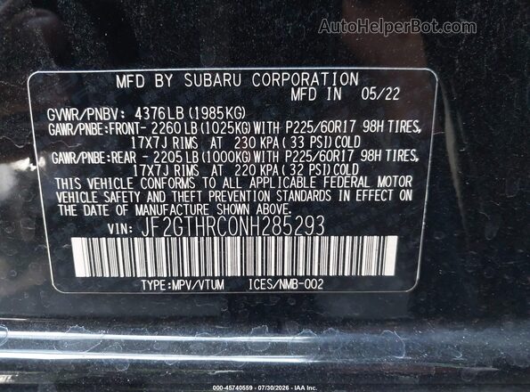 JF2GTHRC0NH285293 2022 SUBARU CROSSTREK Black Շարժիչի բաժամունքի տեսք