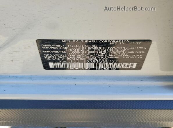 JF2GTHRC0PH298127 2023 SUBARU CROSSTREK White VIN კოდის სტიკერის ხედი