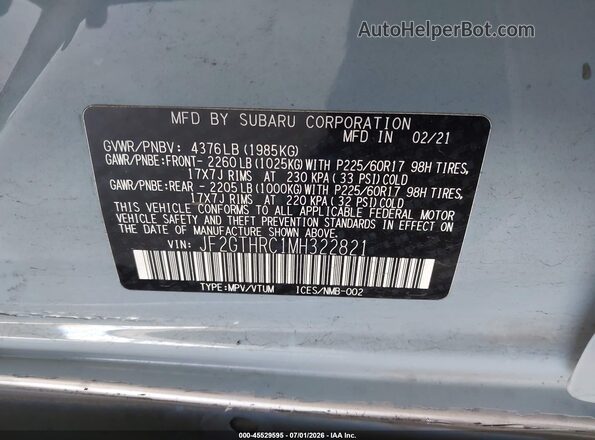 JF2GTHRC1MH322821 2021 SUBARU CROSSTREK Light Blue Engine compartment view