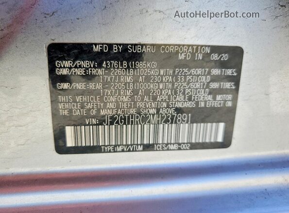 JF2GTHRC2MH237891 2021 SUBARU CROSSTREK Silver Вид наклейки з VIN-кодом
