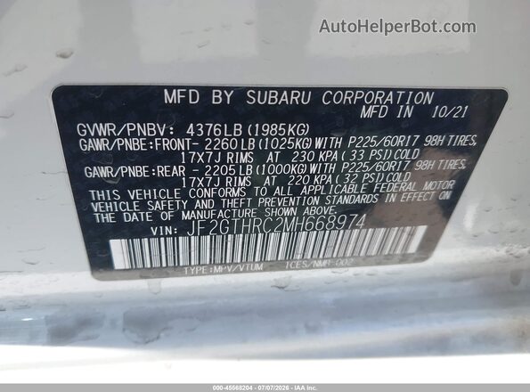 JF2GTHRC2MH668974 2021 SUBARU CROSSTREK White Շարժիչի բաժամունքի տեսք