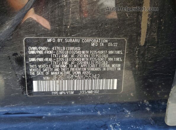 JF2GTHRC5NH255142 2022 SUBARU CROSSTREK Black Widok naklejki z numerem VIN