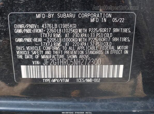 JF2GTHRC5NH272300 2022 SUBARU CROSSTREK Black Engine compartment view