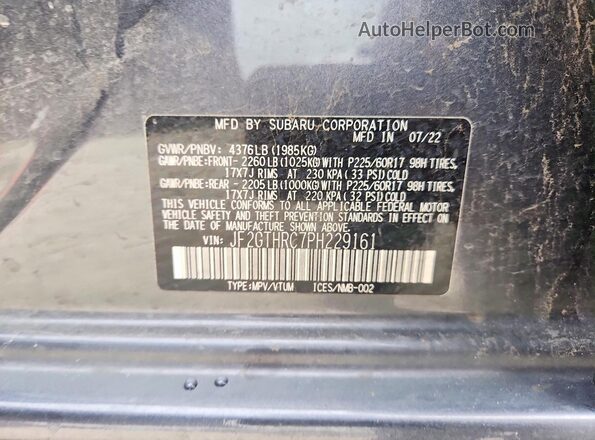 JF2GTHRC7PH229161 2023 SUBARU CROSSTREK Серый Вид наклейки с VIN-кодом