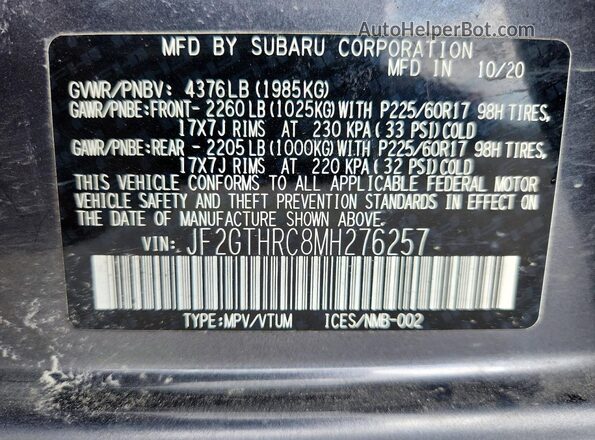 JF2GTHRC8MH276257 2021 SUBARU CROSSTREK Gray VIN კოდის სტიკერის ხედი