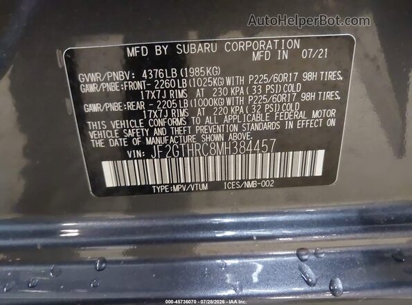 JF2GTHRC8MH384457 2021 SUBARU CROSSTREK Gray Вид підкапотного простору
