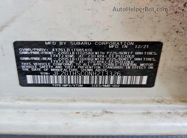 JF2GTHSC0NH213326 2022 SUBARU CROSSTREK Белый Вид наклейки с VIN-кодом