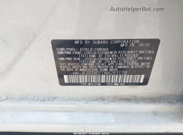 JF2GTHSC0NH283179 2022 SUBARU CROSSTREK White Engine compartment view