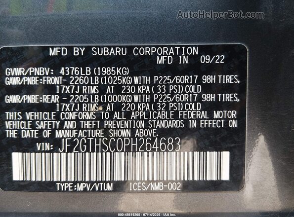 JF2GTHSC0PH264683 2023 SUBARU CROSSTREK Gray Engine compartment view