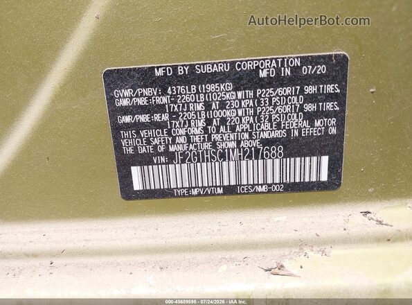 JF2GTHSC1MH217688 2021 SUBARU CROSSTREK Green Widok komory silnika