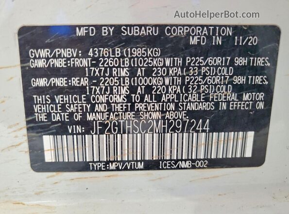 JF2GTHSC2MH297244 2021 SUBARU CROSSTREK White VIN sticker view