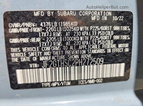 JF2GTHSC2PH272509 2023 SUBARU CROSSTREK Blue Vista de la etiqueta del VIN