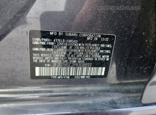 JF2GTHSC2PH308893 2023 SUBARU CROSSTREK Gray Widok naklejki z numerem VIN