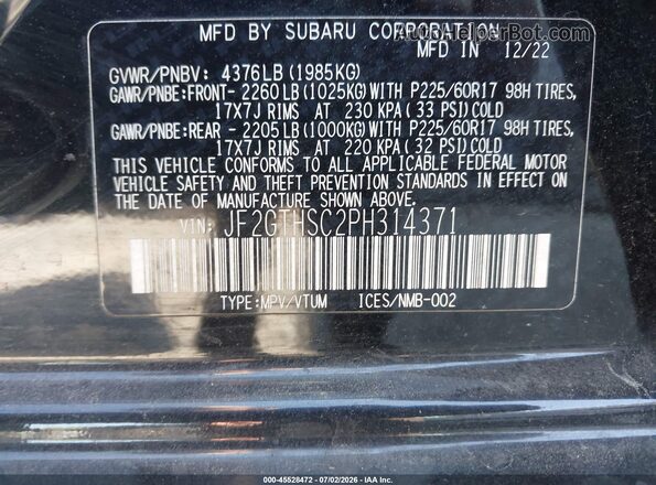 JF2GTHSC2PH314371 2023 SUBARU CROSSTREK Black ძრავის განყოფილების ხედი
