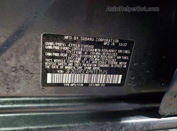 JF2GTHSC4PH317515 2023 SUBARU CROSSTREK Charcoal Engine compartment view