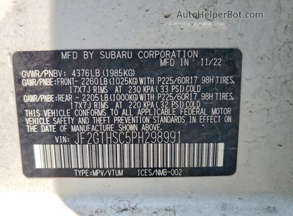 JF2GTHSC5PH298991 2023 SUBARU CROSSTREK White VIN sticker view