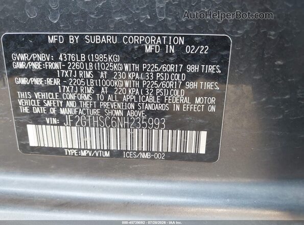 JF2GTHSC6NH235993 2022 SUBARU CROSSTREK Gray Engine compartment view