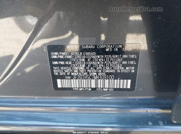 JF2GTHSC7MH309100 2021 SUBARU CROSSTREK Gray Շարժիչի բաժամունքի տեսք