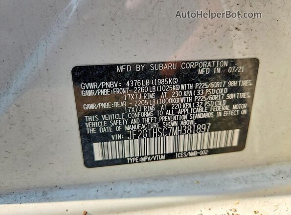 JF2GTHSC7MH381897 2021 SUBARU CROSSTREK White Widok naklejki z numerem VIN