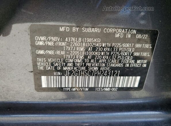 JF2GTHSC7PH243121 2023 SUBARU CROSSTREK Gray Vista de la etiqueta del VIN