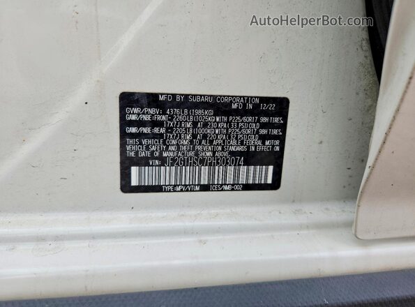 JF2GTHSC7PH303074 2023 SUBARU CROSSTREK Белый Вид наклейки с VIN-кодом