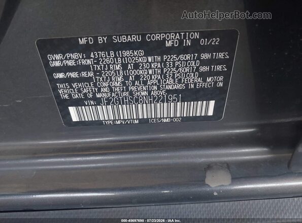 JF2GTHSC8NH221951 2022 SUBARU CROSSTREK Серый Вид подкапотного пространства