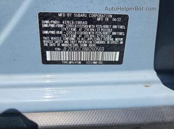 JF2GTHSC8NH260569 2022 SUBARU CROSSTREK Gray Вид підкапотного простору