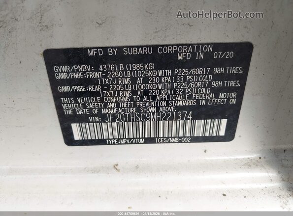 JF2GTHSC9MH221374 2021 SUBARU CROSSTREK White Widok komory silnika
