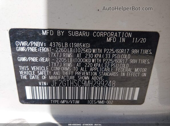 JF2GTHSC9MH299248 2021 SUBARU CROSSTREK White Вид підкапотного простору
