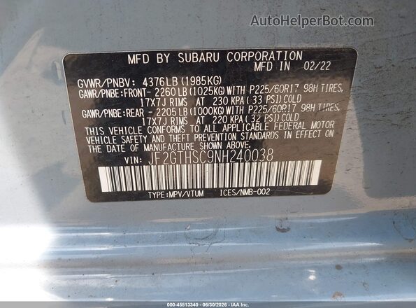 JF2GTHSC9NH240038 2022 SUBARU CROSSTREK Blue Вид підкапотного простору