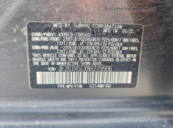 JF2GTHSCXNH229906 2022 SUBARU CROSSTREK Gray ძრავის განყოფილების ხედი