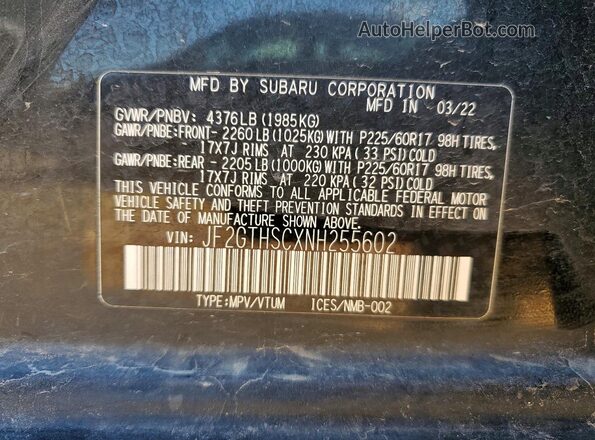 JF2GTHSCXNH255602 2022 SUBARU CROSSTREK Black VIN կոդի պիտակի տեսք