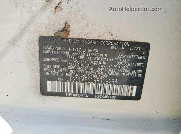 JF2GUABC0R8329264 2024 SUBARU CROSSTREK Белый Панорамный вид салона 360°