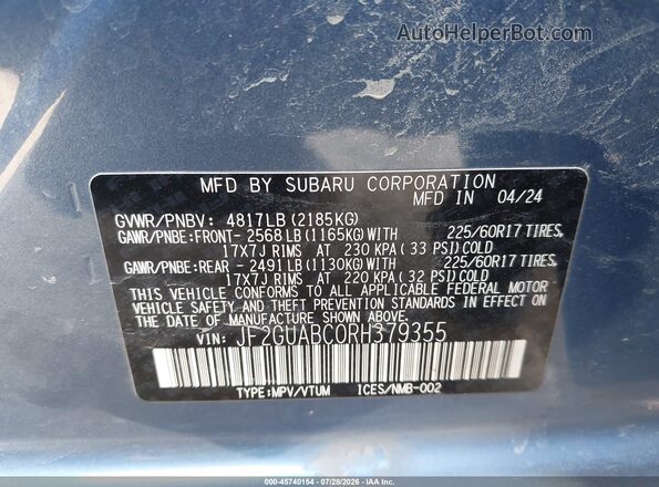JF2GUABC0RH379355 2024 SUBARU CROSSTREK Blue Engine compartment view