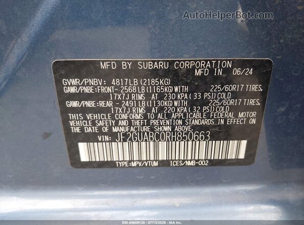 JF2GUABC0RH850663 2024 SUBARU CROSSTREK Blue Շարժիչի բաժամունքի տեսք