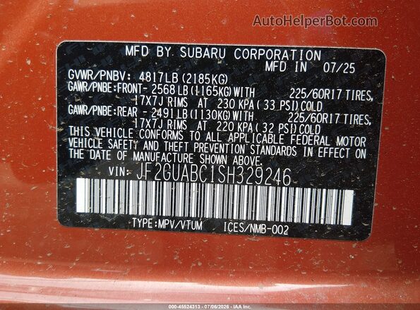 JF2GUABC1SH329246 2025 SUBARU CROSSTREK Orange Շարժիչի բաժամունքի տեսք