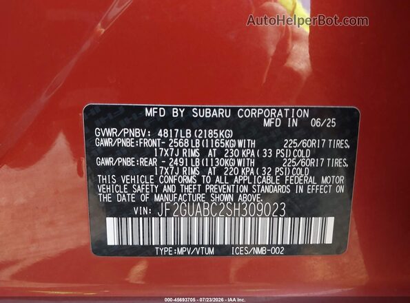 JF2GUABC2SH309023 2025 SUBARU CROSSTREK Orange Շարժիչի բաժամունքի տեսք
