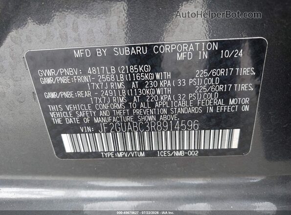 JF2GUABC3R8914596 2024 SUBARU CROSSTREK Gray Շարժիչի բաժամունքի տեսք