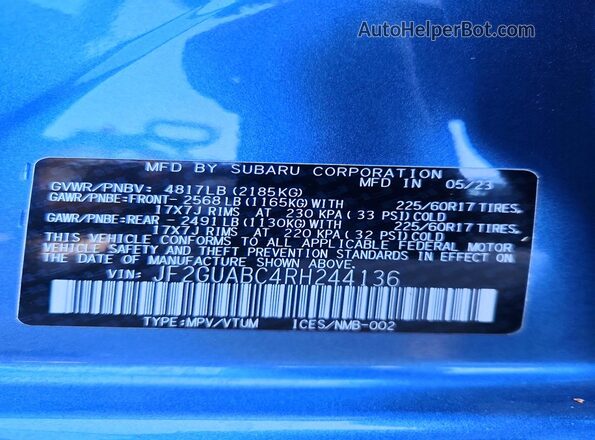 JF2GUABC4RH244136 2024 SUBARU CROSSTREK Blue VIN sticker view