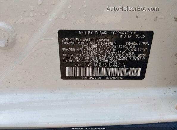 JF2GUABC4SH294735 2025 SUBARU CROSSTREK White ძრავის განყოფილების ხედი