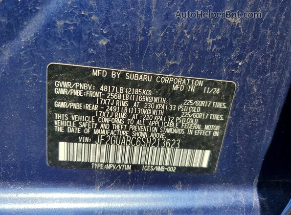 JF2GUABC6SH213623 2025 SUBARU CROSSTREK Blue VIN կոդի պիտակի տեսք
