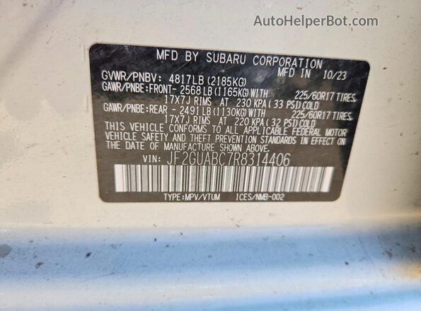 JF2GUABC7R8314406 2024 SUBARU CROSSTREK White ძრავის განყოფილების ხედი