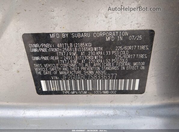 JF2GUABC7S8336377 2025 SUBARU CROSSTREK Silver ძრავის განყოფილების ხედი
