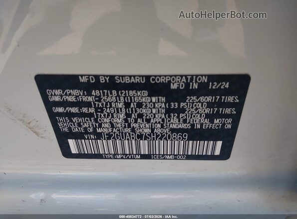 JF2GUABC7SH220869 2025 SUBARU CROSSTREK White Շարժիչի բաժամունքի տեսք
